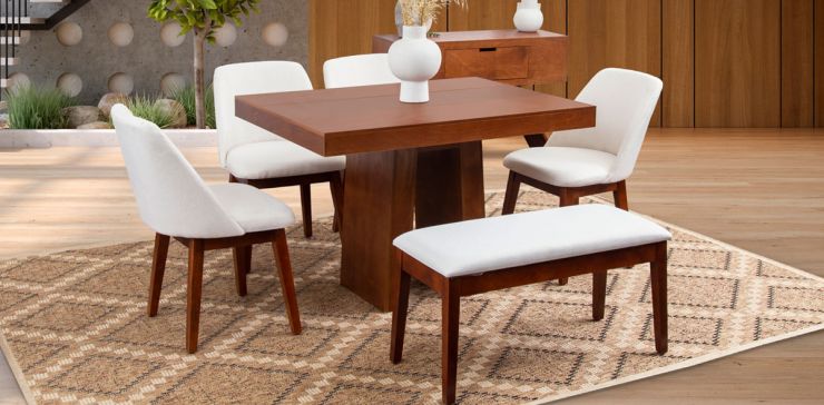 Comedor Odette 120 Cm Con Sillas Y Banca Olaf PL Arena 6 Piezas