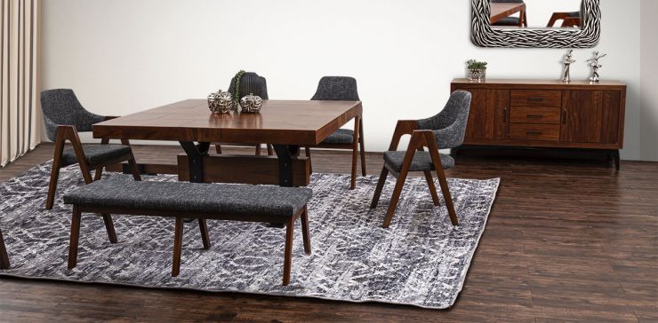 Comedor Cuadrado 150 Cm Estocolmo Con Sillas Y Banca Gris 6 Piezas