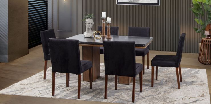 Comedor Rectangular De Mármol 150 Cm Alessia Negro 7 Piezas