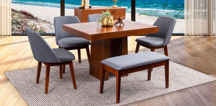 Comedor Odette 120 Cm Con Sillas Y Banca Olaf PL Gris 6 Piezas