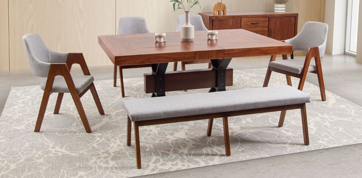 Comedor Rectangular 180 Cm Estocolmo Con Sillas y Banca Plata 6 Piezas