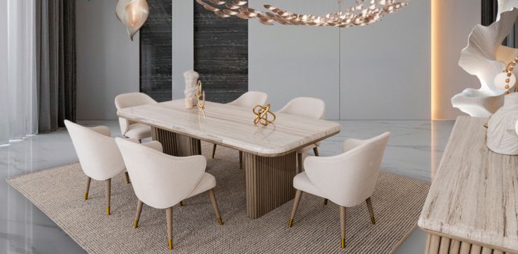 Comedor Rectangular De Mármol Tinnie CL Gris 7 Piezas