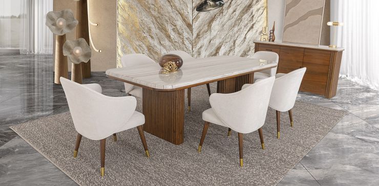 Comedor Rectangular De Mármol Tinnie CL Café Nogal 7 Piezas