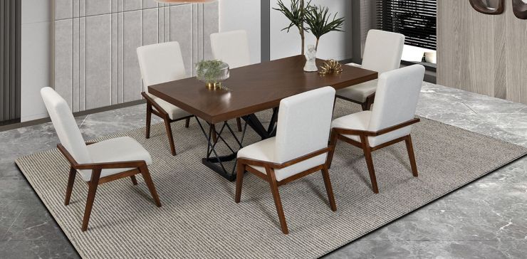 Comedor Rectangular 180 Cm Piastri Con Sillas Praga Mix Beige 7 Piezas