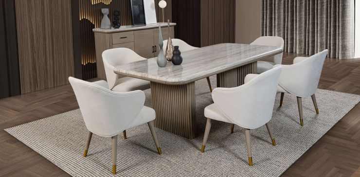 Comedor Rectangular De Mármol Tinnie CL Beige 7 Piezas
