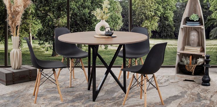 Comedor Redondo Nápoles Parota con Sillas Atlas Negro 5 Piezas