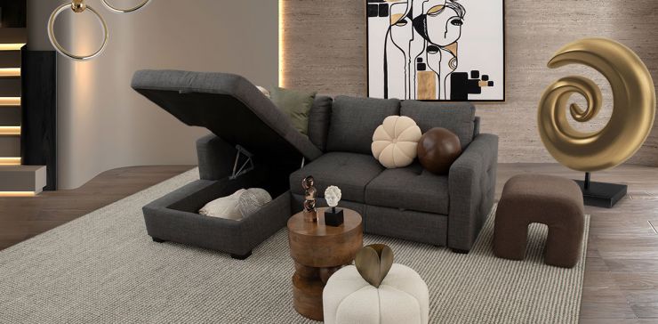 Sala Modular Izquierda Con Baúl Y Cama Alta Olivia Plus Gris 