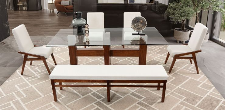 Comedor Rectangular De Cristal Praga Con Sillas Y Banca Praga Mix Beige 6 Piezas