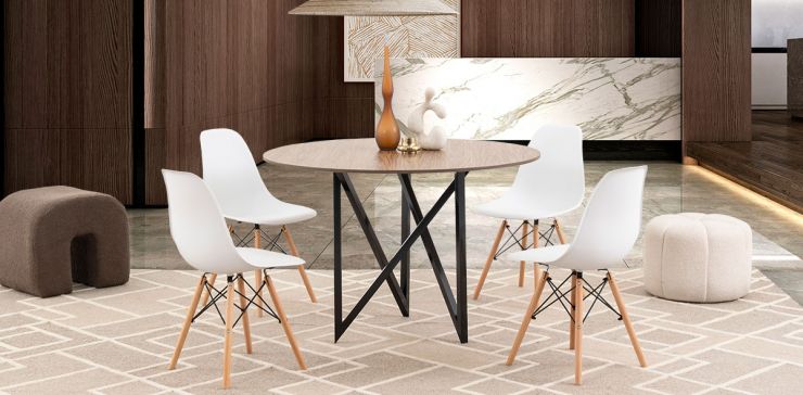 Comedor Redondo Nápoles Parota Con Sillas Atlas Blanco 5 Piezas