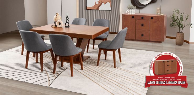 Comedor Volta Nogal Con Sillas Olaf Gris 7 Piezas