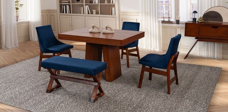 Comedor 120 Cm Odette Con Sillas Y Banca Azul Marino 5 Piezas