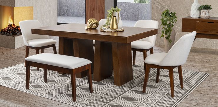 Comedor Odette 180 Cm Con Sillas Y Banca Olaf PL Arena 6 Piezas