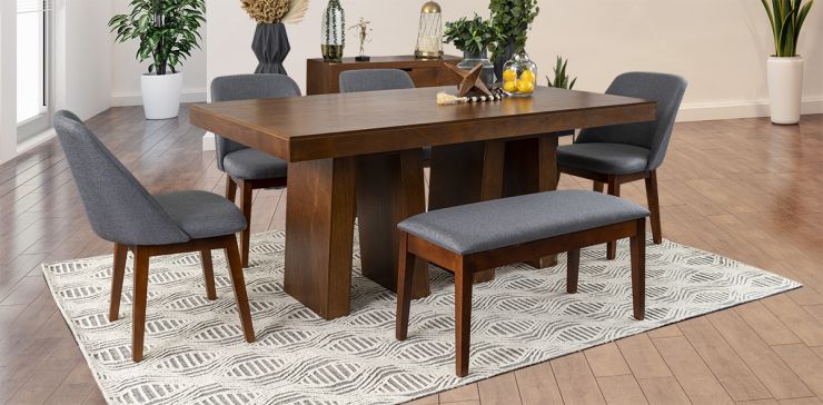 Comedor Odette 180 Cm Con Sillas Y Banca Olaf PL Gris 6 Piezas