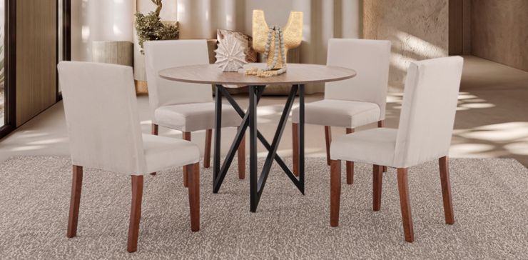 Comedor Redondo Nápoles Parota Con Sillas Alessia Beige 5 Piezas