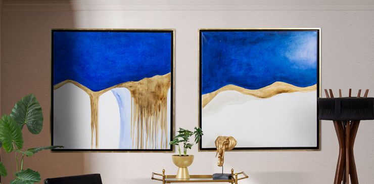 Pintura Al Oleo Mountain Azul/Oro 2 Pzs