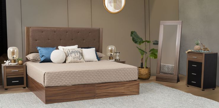 Recámara King Size Adam Café Parota Natural 5 Piezas