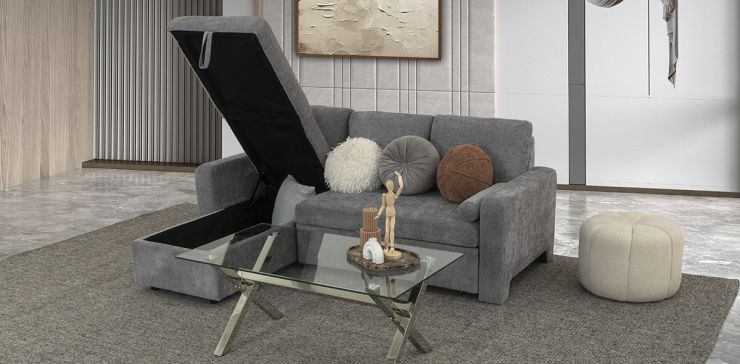 Sala Modular Izquierda Con Baúl Y Cama Alta Maia Gris
