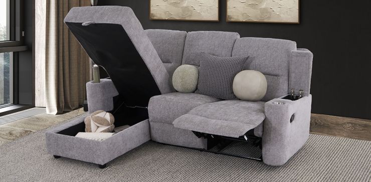 Sala En L Izquierda Con Baúl Y Reclinable Sereno Gris