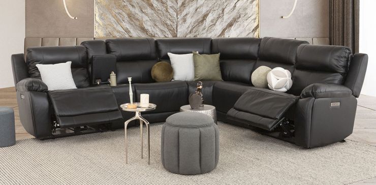 Sala Modular Con Reclinables Eléctricos De Piel Alberta Negro