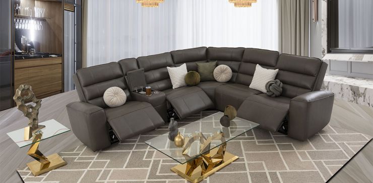 Sala Modular Piel Con Reclinables Eléctricos Y Consola Forli Gris