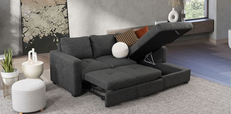 Sala Modular Derecha Con Baúl Y Cama Alta Olivia II Gris 