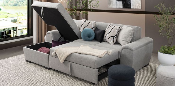 Sala Modular Izquierda Con Baúl y Cama Alta Giselle PL Gris
