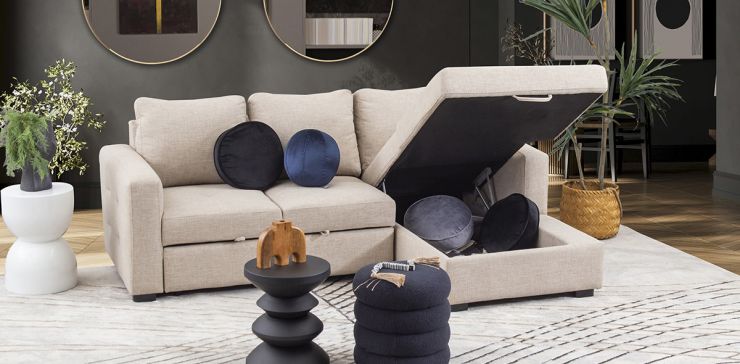 Sala Modular Derecha Con Baúl Y Cama Alta Olivia II Beige 