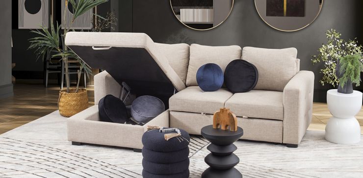 Sala Modular Izquierda Con Baúl Y Cama Alta Olivia II Beige 