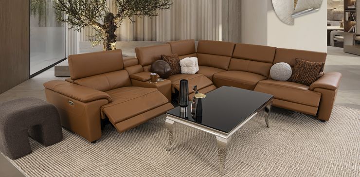 Sala Modular De Piel Con Reclinables Eléctricos Y Consola Montier Café