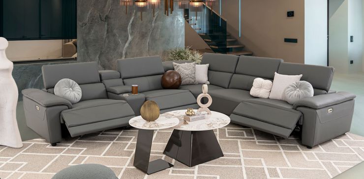 Sala Modular De Piel Con Reclinables Eléctricos Y Consola Montier Gris