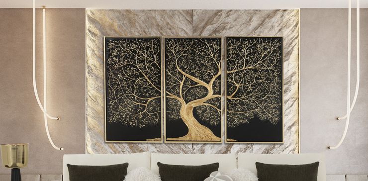 Cuadro Tríptico Decorativo Dubái Dorado