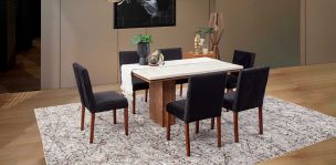 Comedor Rectangular De Mármol 150 Cm Alessia Beige/Negro 7 Piezas