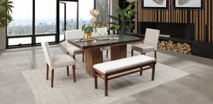 Comedor Rectangular De Mármol 150 Cm Alessia Negro/Beige 6 Piezas