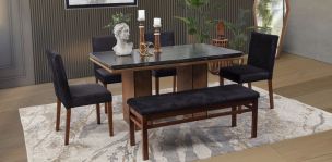 Comedor Rectangular De Mármol 150 Cm Alessia Negro 6 Piezas