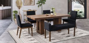 Comedor Rectangular Marbella Con Sillas Y Banca Birmania Negro 6 Pzs