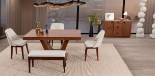 Comedor Volta Nogal Con Sillas Olaf Beige 5 Piezas