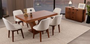 Comedor Volta Nogal Con Sillas Olaf Beige 7 Piezas