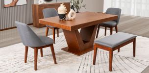 Comedor Volta Nogal Con Sillas Y Banca Olaf Gris 5 Piezas