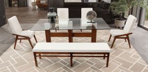 Comedor Rectangular De Cristal Praga Con Sillas Y Banca Praga Mix Beige 6 Piezas