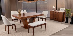 Comedor Volta Nogal Con Sillas Y Banca Olaf Beige 6 Piezas