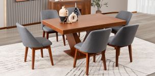 Comedor Volta Nogal Con Sillas Olaf Gris 7 Piezas