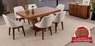 Comedor Volta Nogal Con Sillas Olaf Beige 7 Piezas