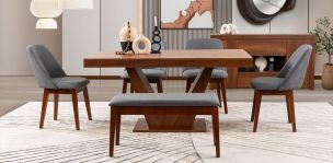 Comedor Volta Nogal Con Sillas Y Banca Olaf Gris 6 Piezas