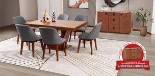 Comedor Volta Nogal Con Sillas Olaf Gris 7 Piezas