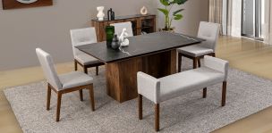 Comedor Rectangular Birmania Con Sillas Y Banca Gris 6 Piezas