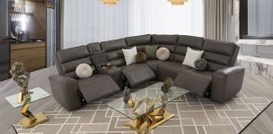 Sala Modular Piel Con Reclinables Eléctricos Y Consola Forli Gris