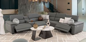 Sala Modular De Piel Con Reclinables Eléctricos Y Consola Montier Gris