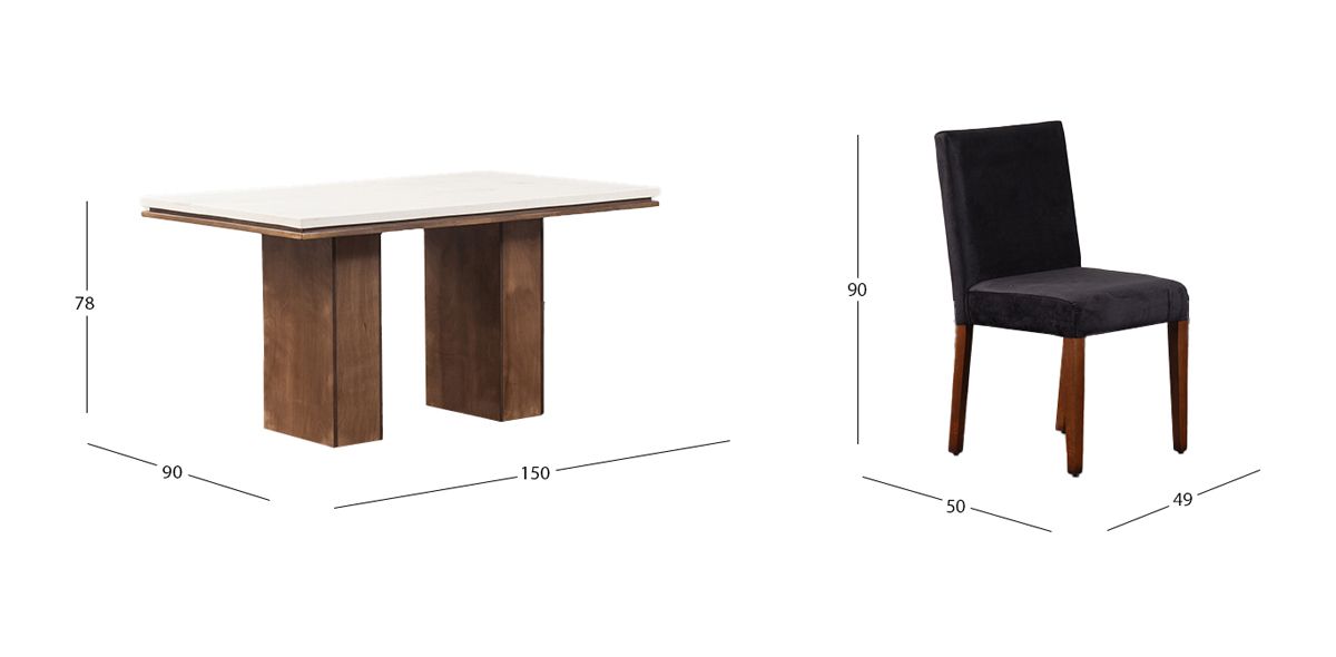 Comedor Rectangular De Mármol 150 Cm Alessia Beige/Negro 7 Piezas