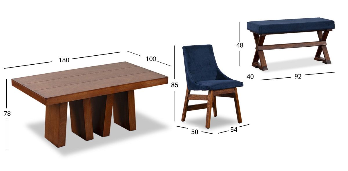 Comedor 180 Cm Odette Con Sillas y Banca Azul Marino Verona 6 Piezas