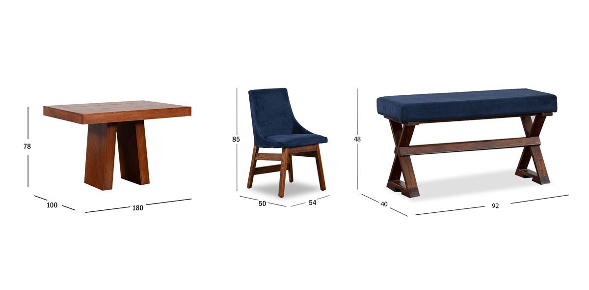 Comedor 120 Cm Odette Con Sillas Y Banca Azul Marino 5 Piezas